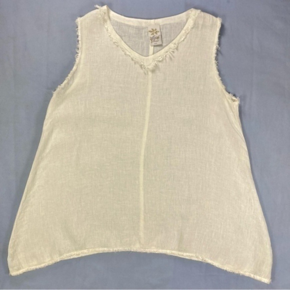 Match Point Linen Oversized Tank Top Women M Ivory V-Neck Lagenlook Artisan Boho